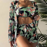Palm Print High Waist Boy Short Brazilian Four Piece Bikini Swimsuit